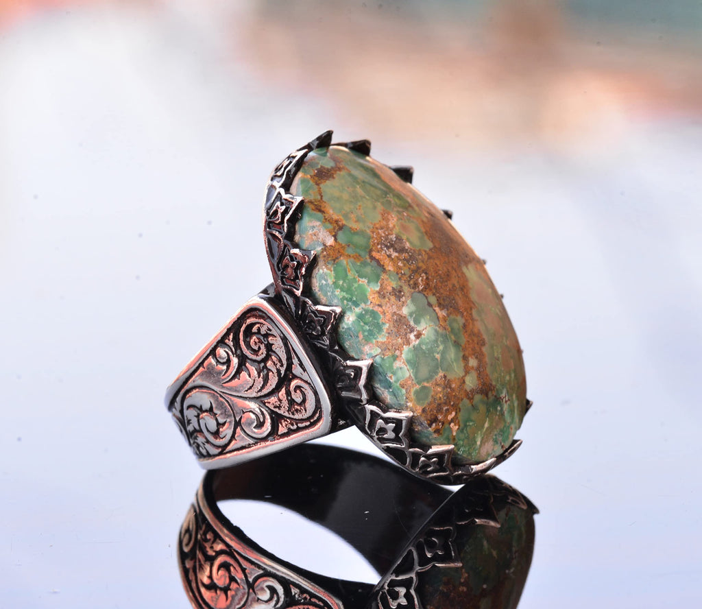 Kambo Natural Turquoise Gemstone Ring - Large Men's Ring - 925 Solid Silver Unique Ring (Style-1) (Style-3) — 4