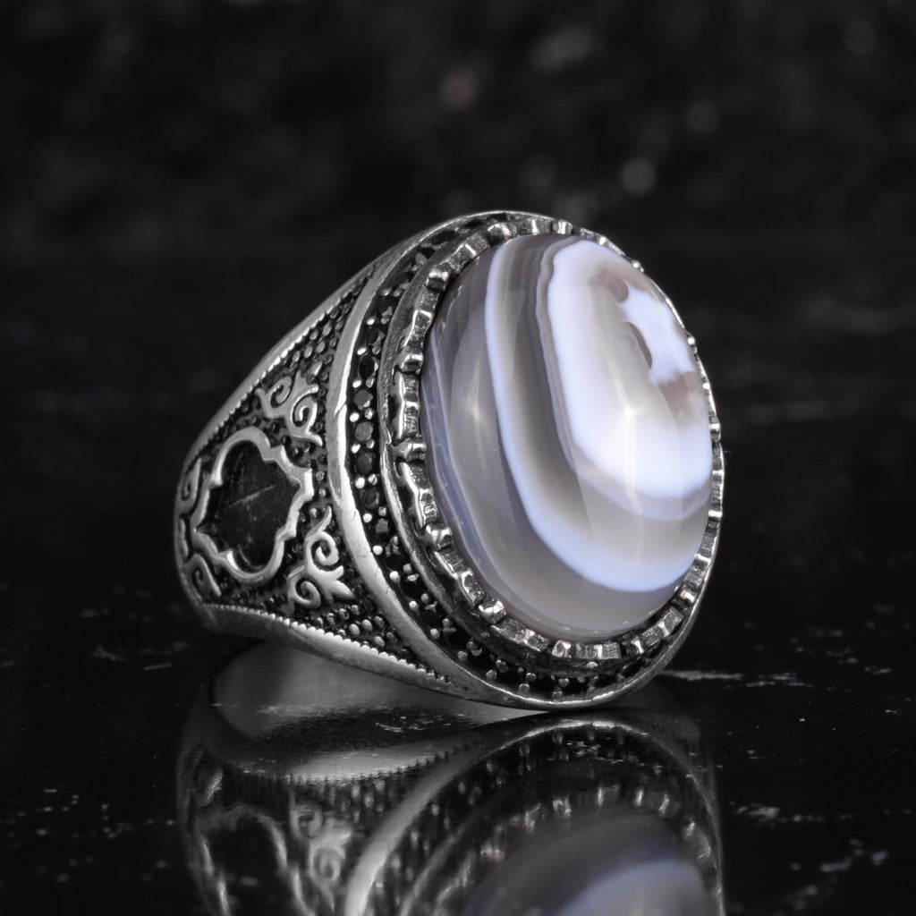 KAMBO Natural Agate Stone Men's Ring – Band Stone – 925 Sterling Silver Handmade Statement Ring – Vintage Ottoman Style Men's Jewelry (Agate-3) — 5