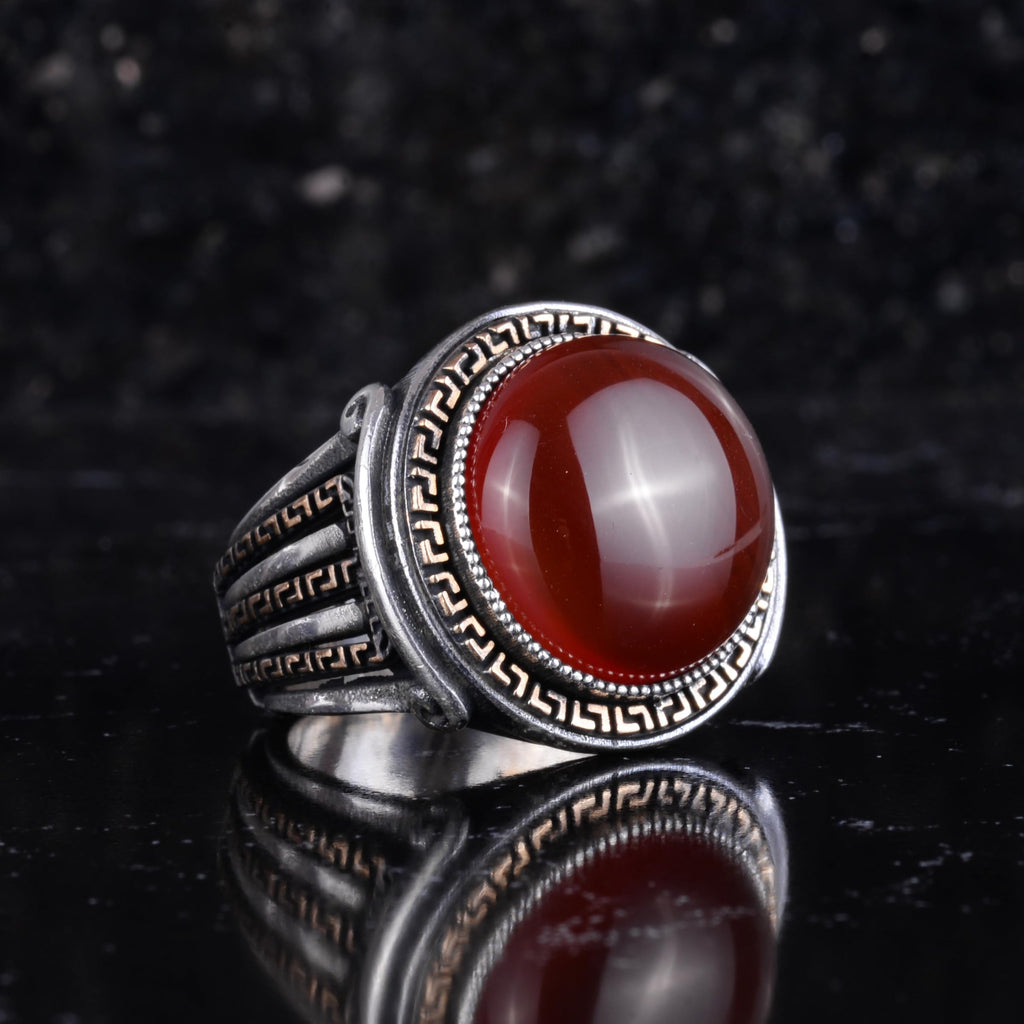 KAMBO Stone Round Men's Ring 925 Sterling Silver – Cabochon Handmade Vintage Greek Pattern Statement Ring (Red Agate) — 6