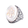 KAMBO Mother of Pearl Large Men's Ring - 925 Sterling Silver Ottoman Empire Symbol Ring - Large Oval Handmade Statement Ring (Justice Scale Mother of Pearl)