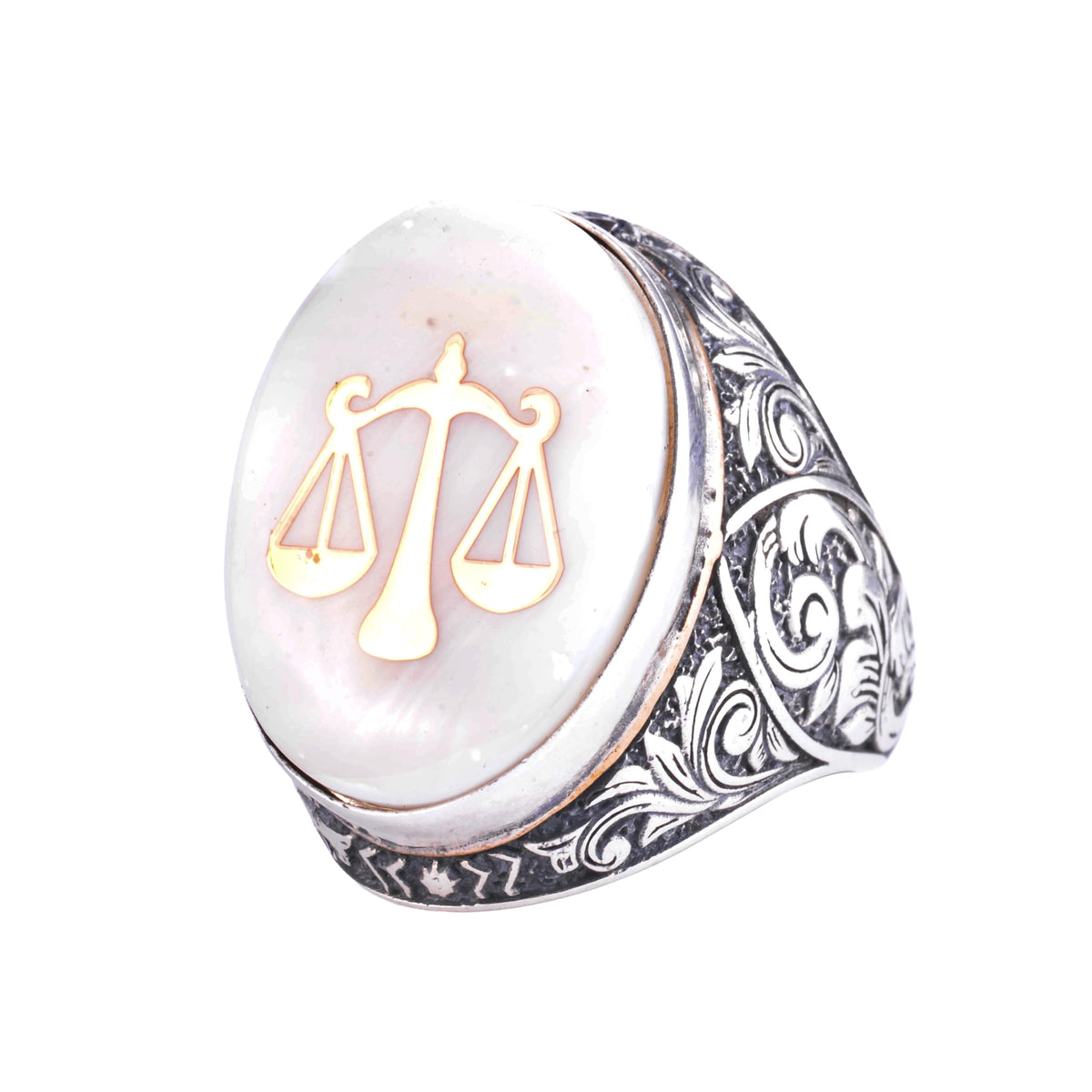 KAMBO Mother of Pearl Large Men's Ring - 925 Sterling Silver Ottoman Empire Symbol Ring - Large Oval Handmade Statement Ring (Justice Scale Mother of Pearl)