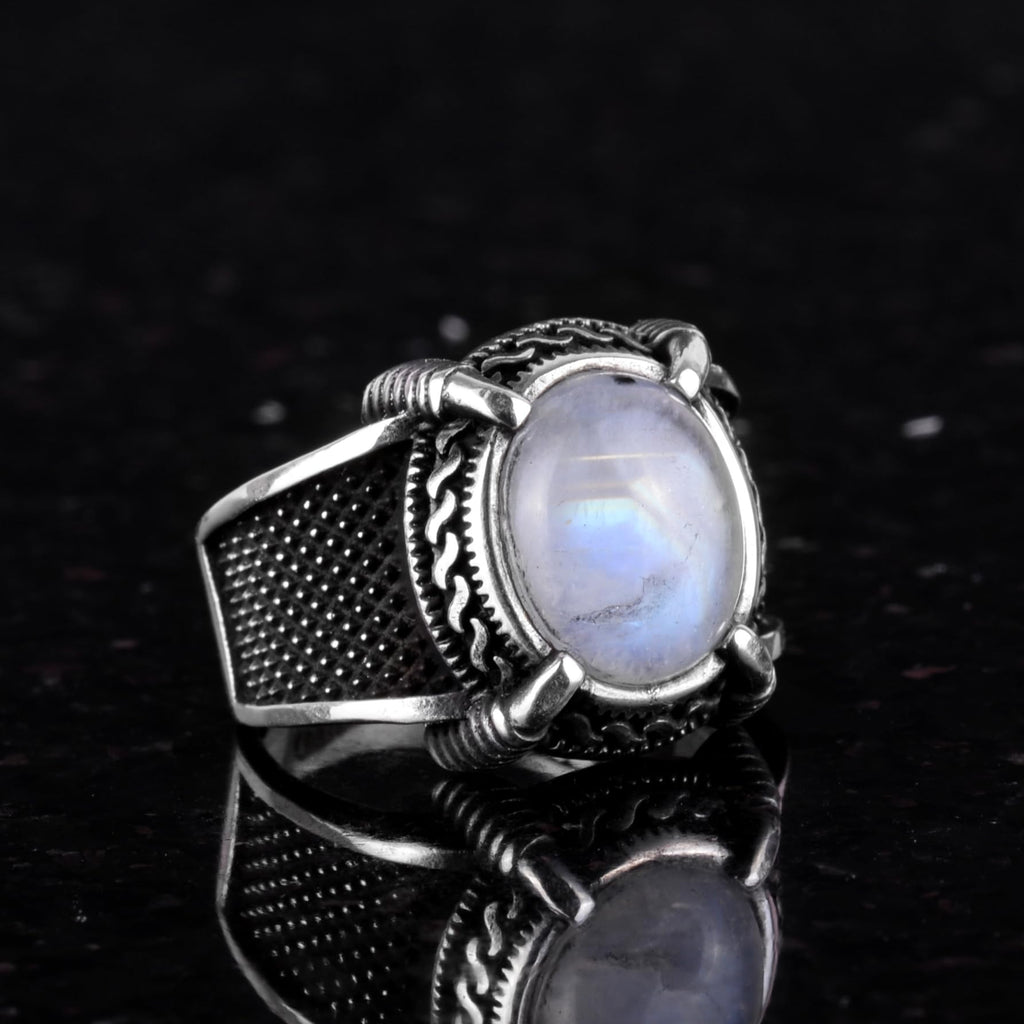 Natural Moonstone Ring - Silver Men's Ring - Eagle Claw Design — 4