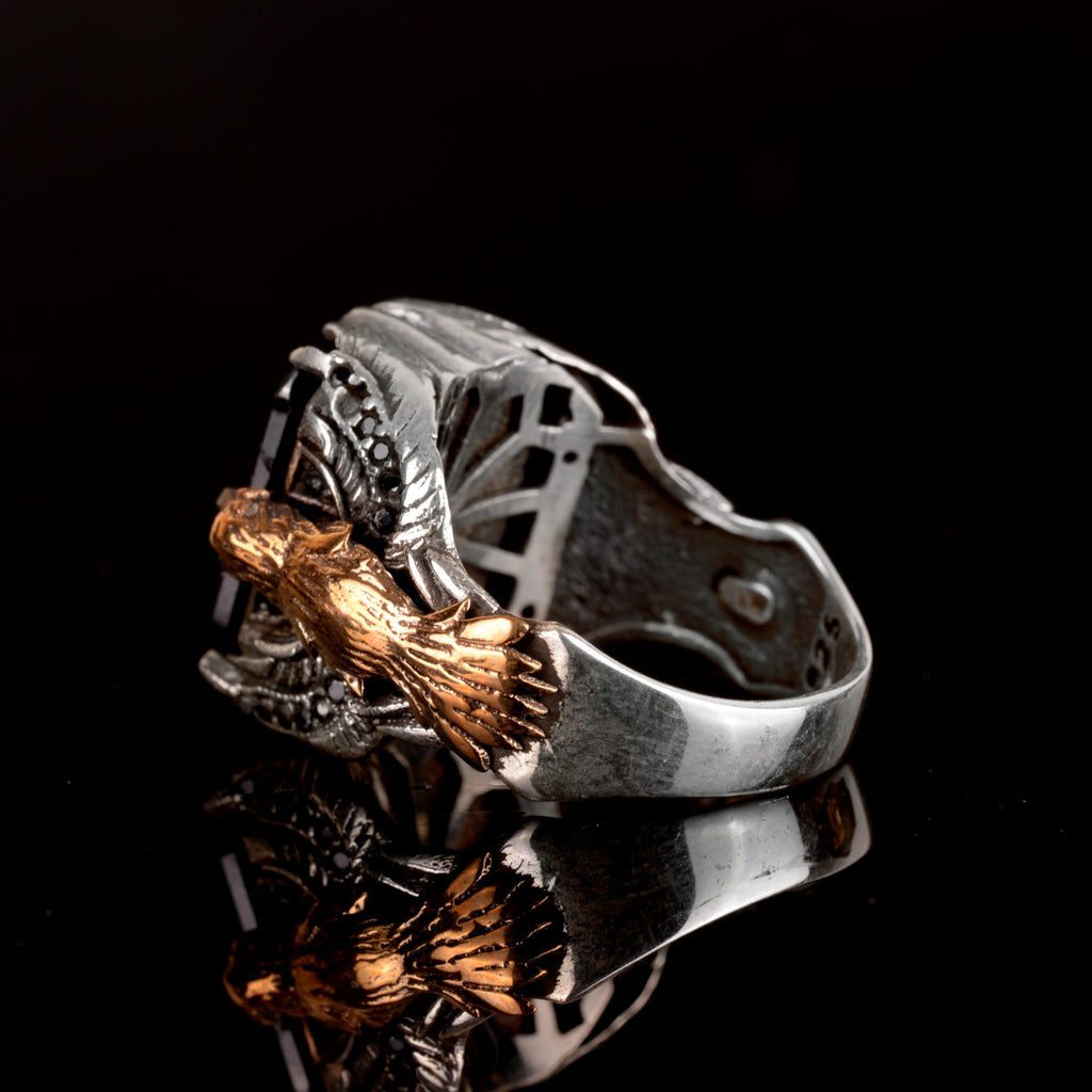 Natural Obsidian Stone Ring, 925 Sterling Silver Ring, Bird Ring — 7