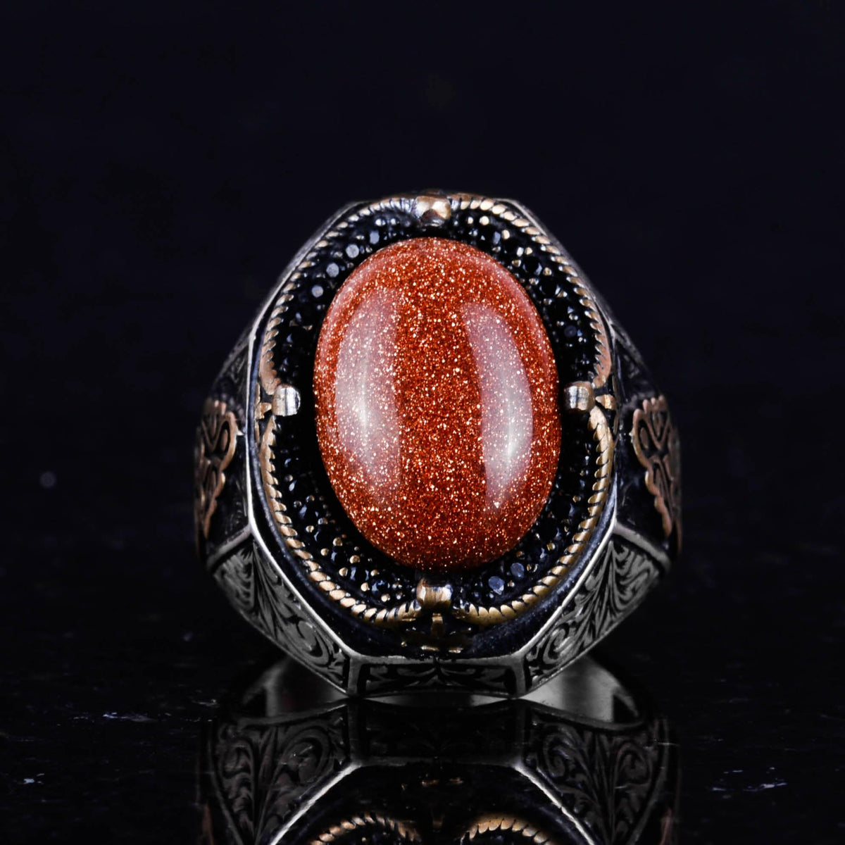 925 Sterling Silver Men's Ring, Brown Synthetic Sunstone Ring, Stylish Silver Men's Ring — 4