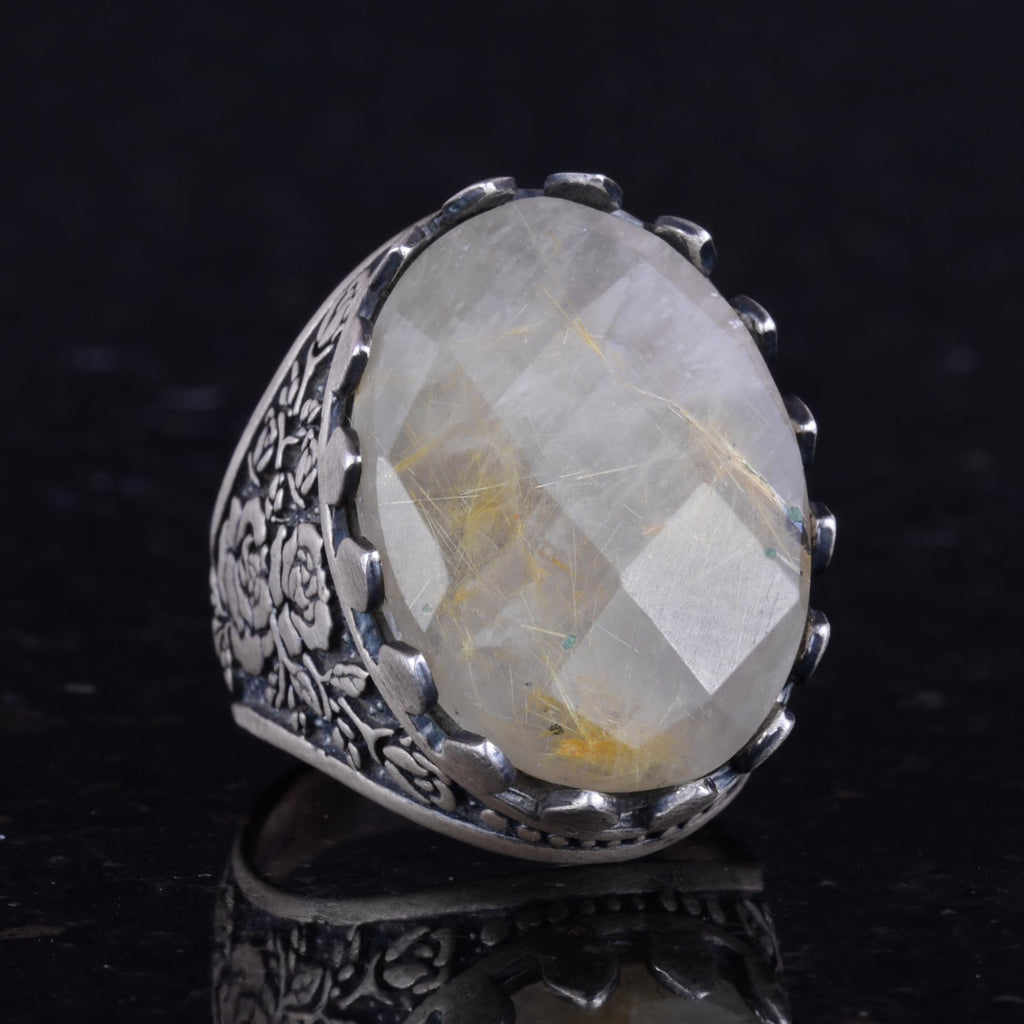 Natural Stone Ring - Rose Pattern - 925 Sterling Silver - Handmade Large Ring (Gold Rutile Quartz) — 5