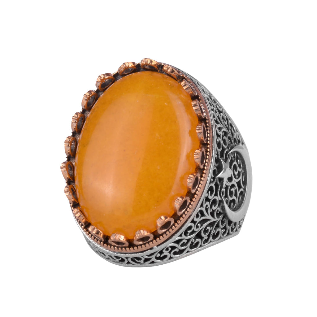 KAMBO 925 Sterling Silver Natural Stone Men's Ring - Moon and Star Design - Handmade Vintage Jewelry (Yellow Agate)