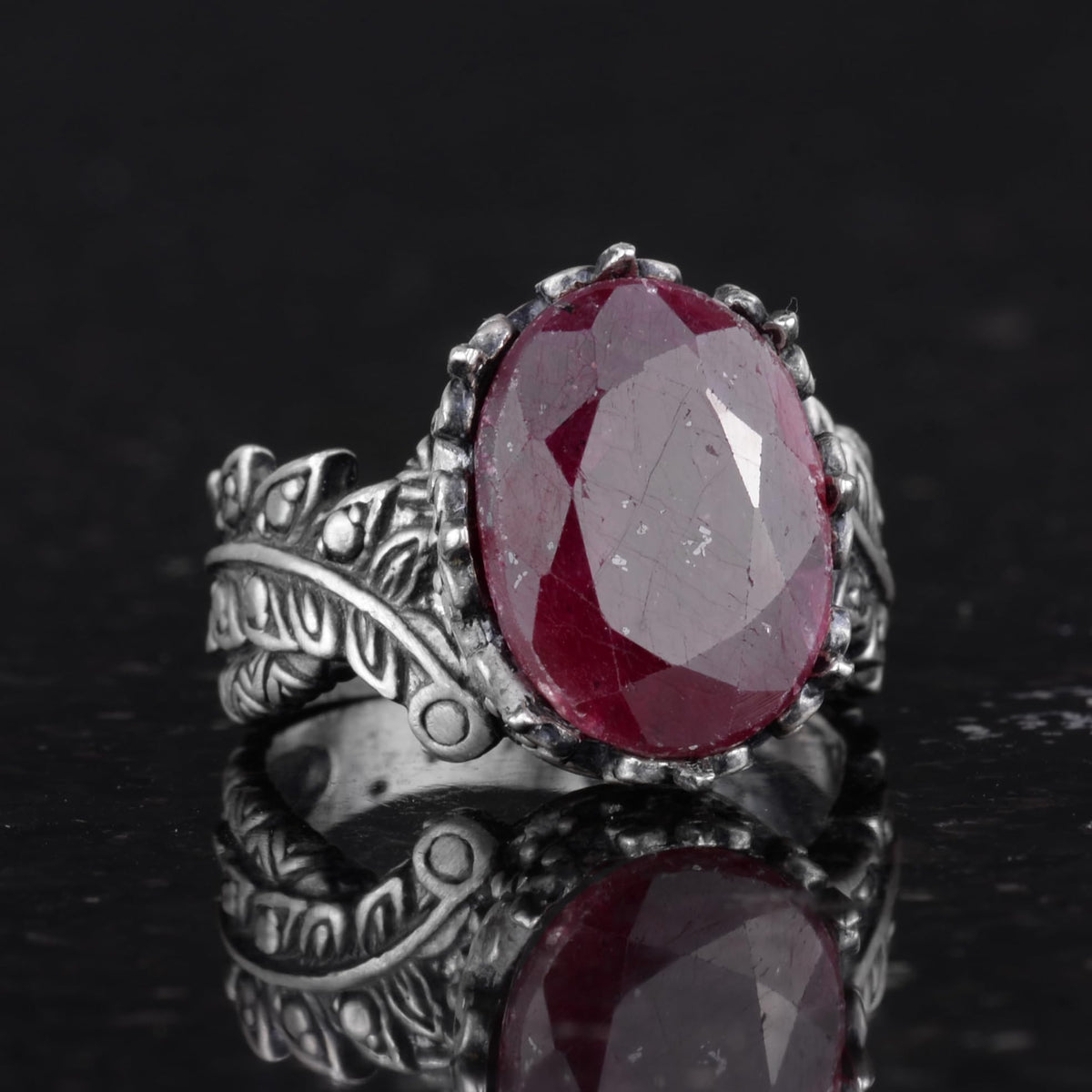 Silver Women's Ring, Natural Ruby Stone, Vintage Bohemian Design — 5