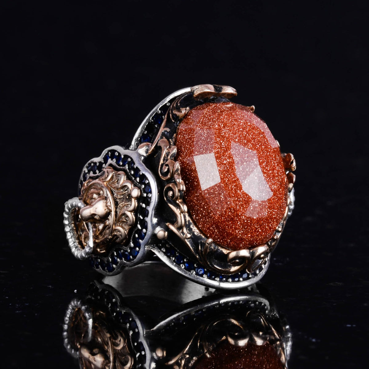 Brown Synthetic Sunstone Ring, 925 Sterling Silver Men's Ring, Lion Symbol Ring, Stylish Silver Men's Ring — 5