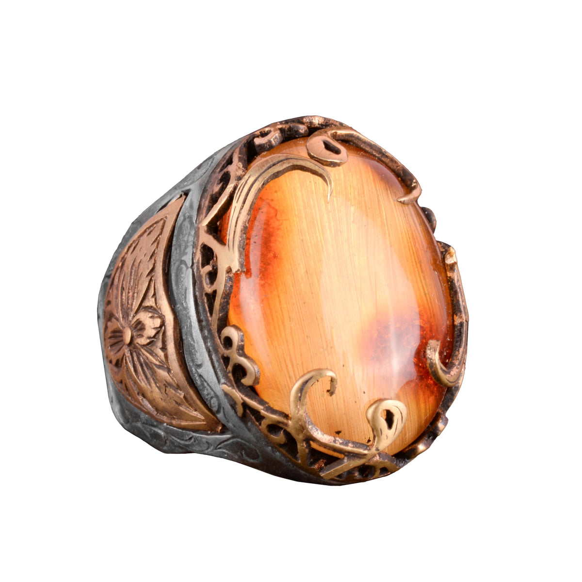 925 Sterling Silver Men's Ring, Amber Stone