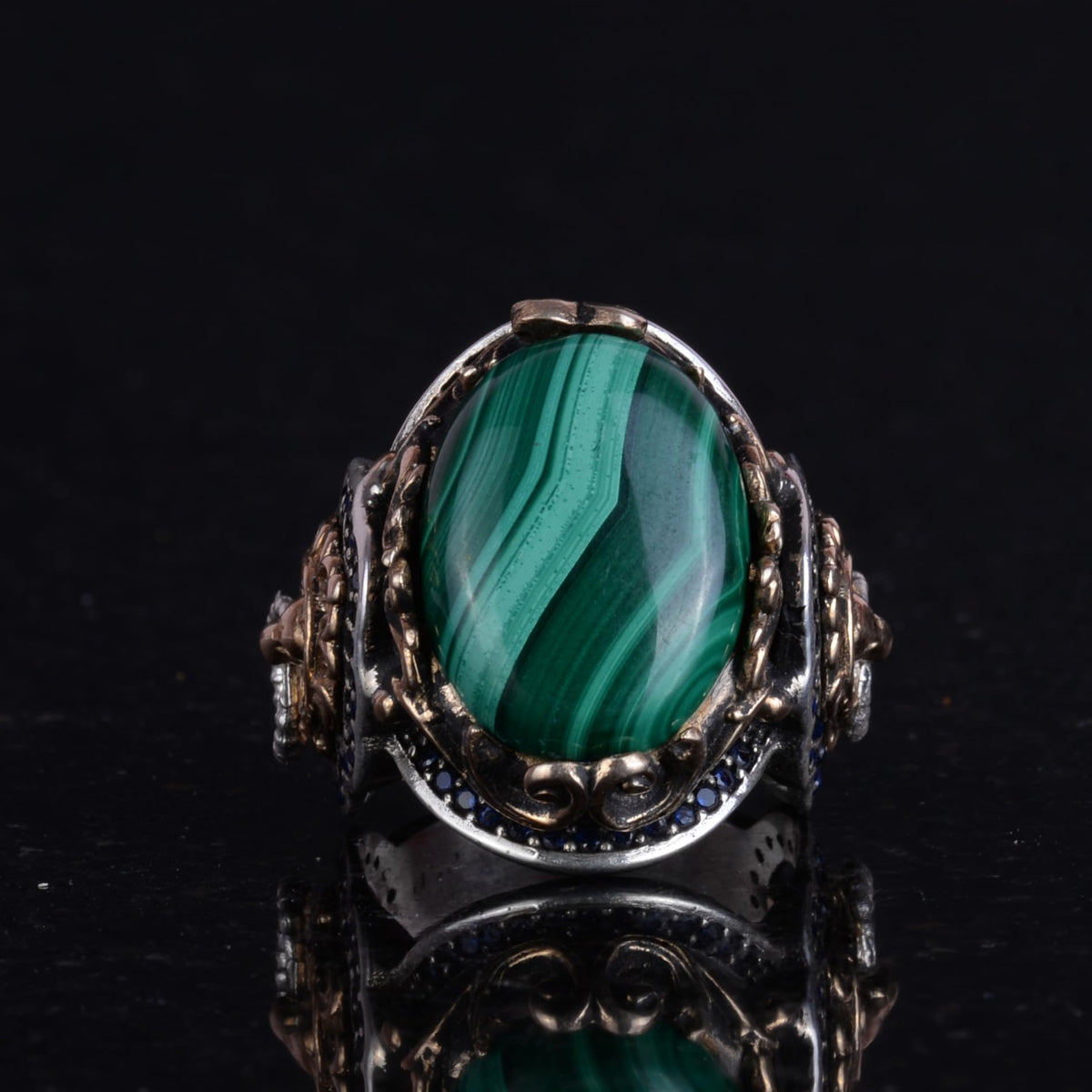 925 Sterling Solid Silver Men's Ring, Natural Malachite Stone Lion Head Ring — 4