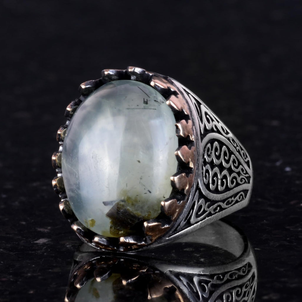 925 Sterling Silver Men's Ring - Natural Prehnite Stone with Handcrafted Elegance — 4
