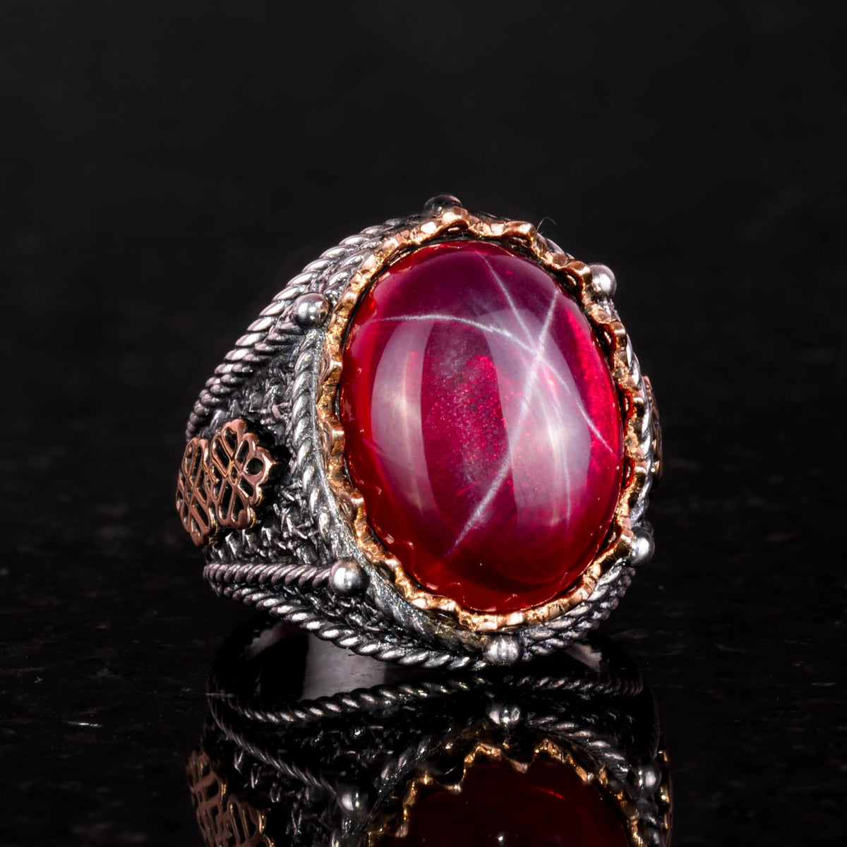 925 Sterling Silver Men's Ring, Handmade Natural Star Ruby Stone Ring — 4