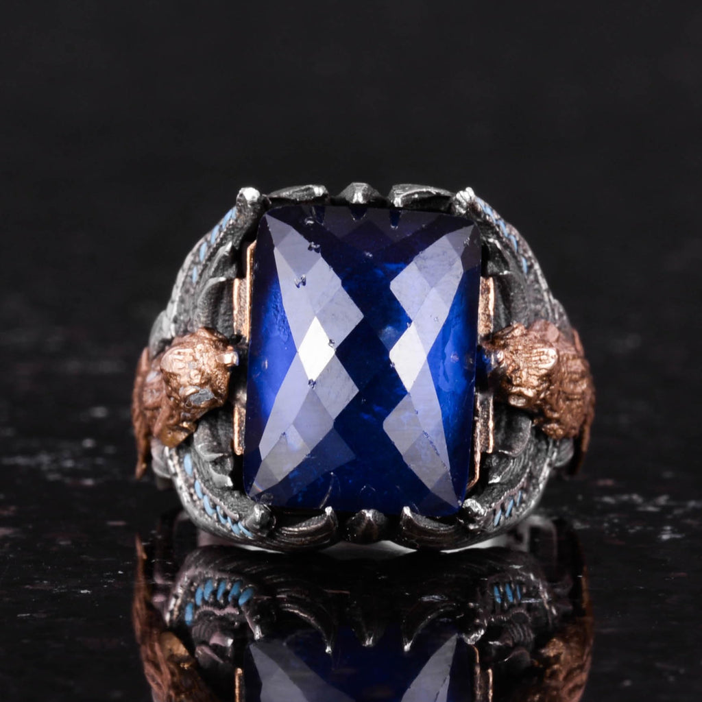 Kambo Synthetic Sapphire Stone Eagle Symbol Handcrafted 925 Sterling Silver Ring — 4
