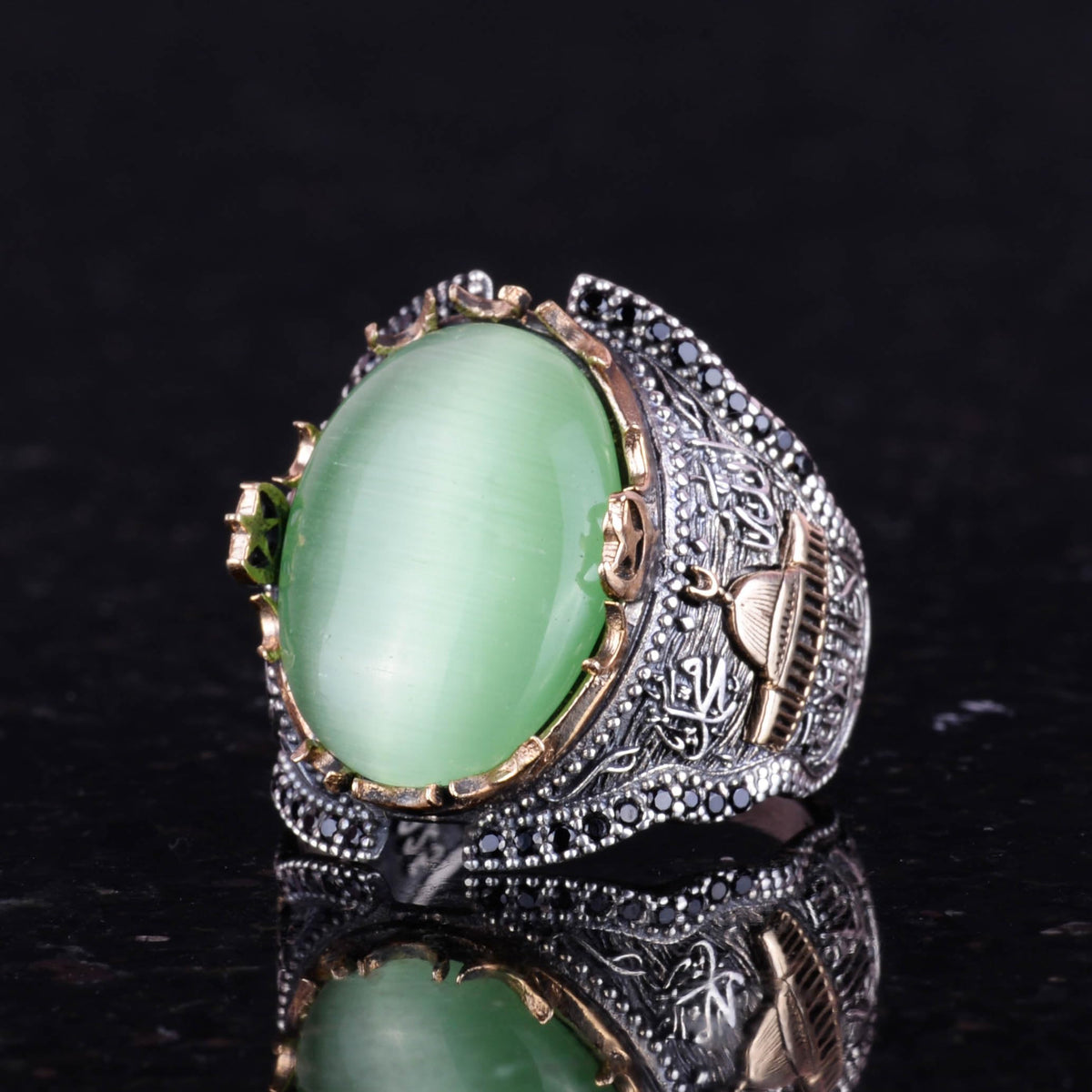 Light Green Cat's Eye Synthetic Stone Ring, Kaaba Silver Ring, 925 Sterling Silver Synthetic Stone Ring — 5