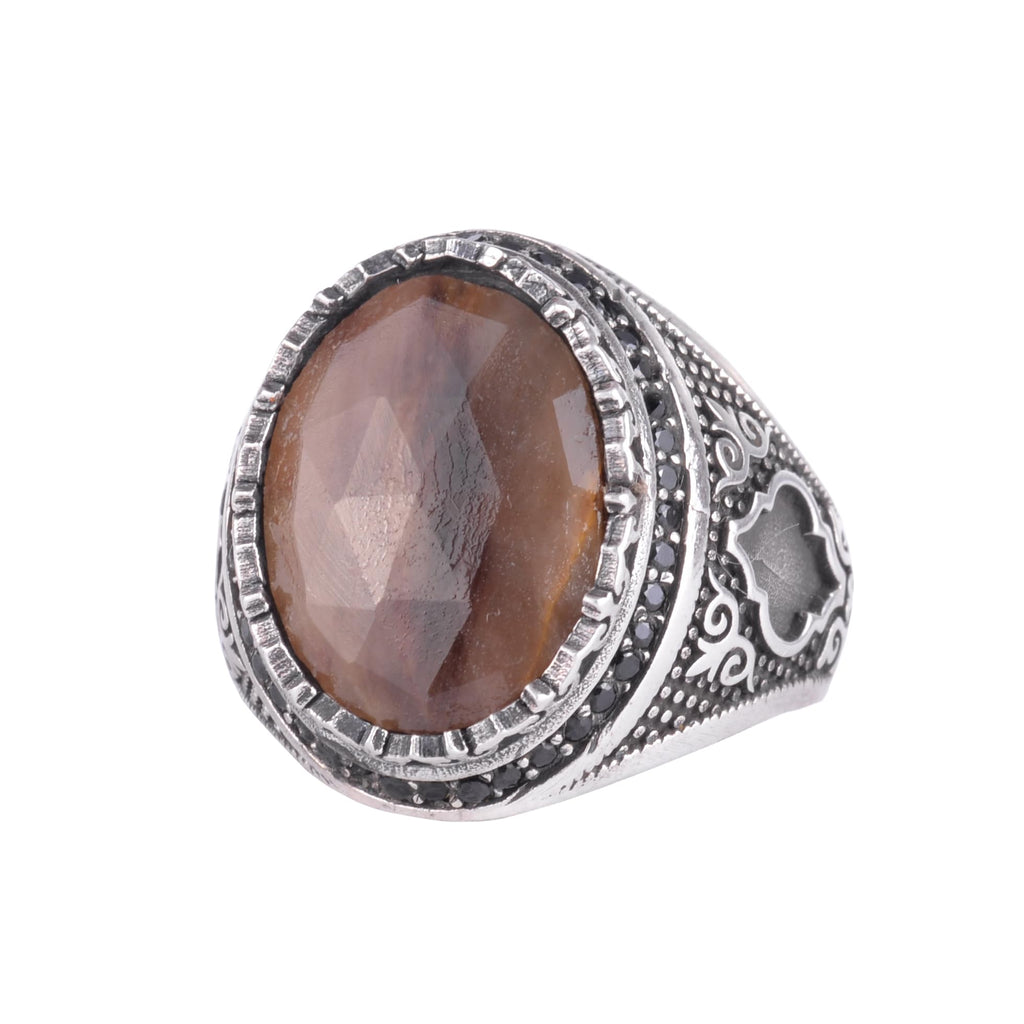 Natural Sapphire Stone Men's Ring 925 Sterling Silver Tooth Frame Black Stone Halo Handmade Statement Ring (Brown Sapphire-2)