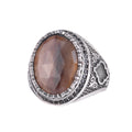 Natural Sapphire Stone Men's Ring 925 Sterling Silver Tooth Frame Black Stone Halo Handmade Statement Ring (Brown Sapphire-2)