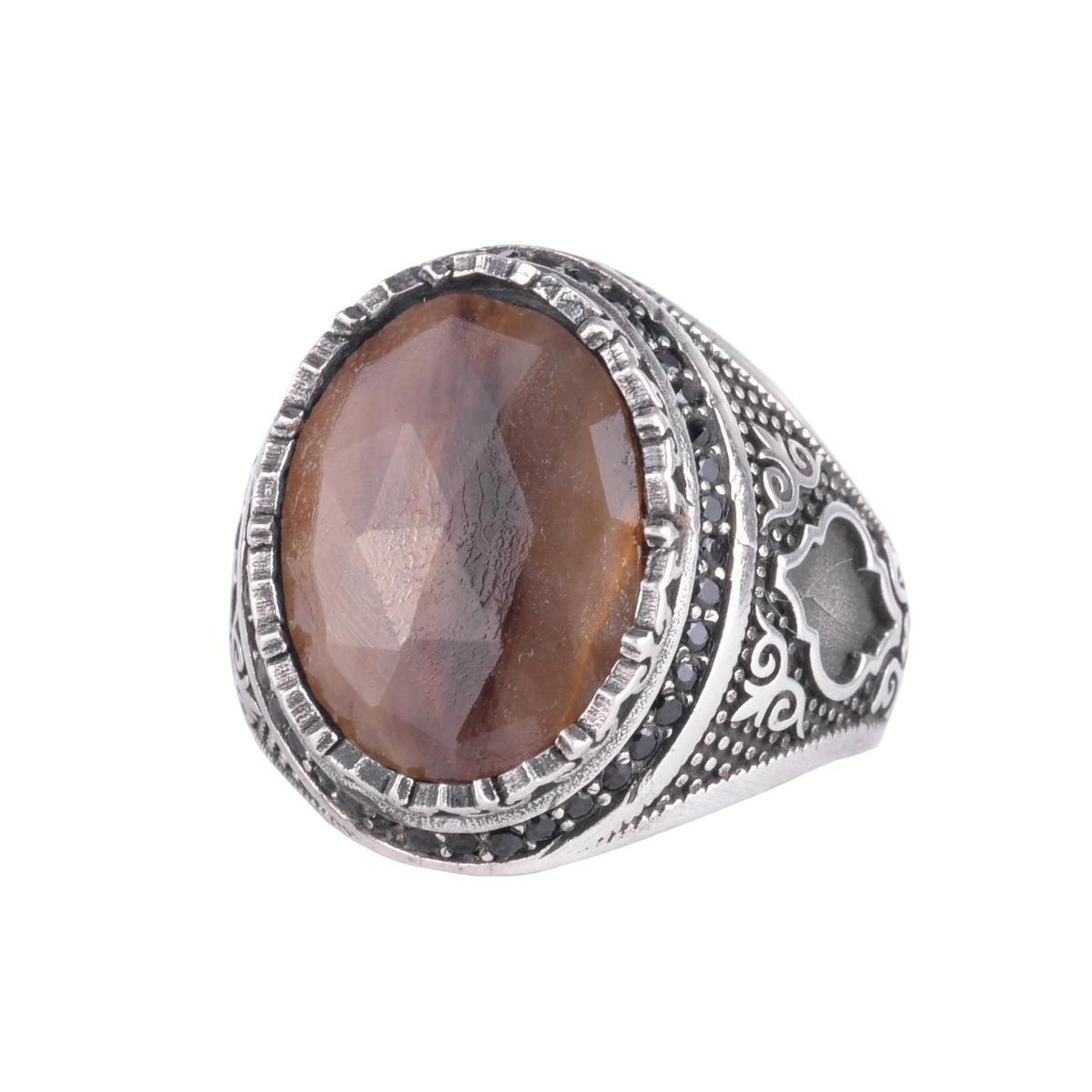 Natural Sapphire Stone Men's Ring 925 Sterling Silver Tooth Frame Black Stone Halo Handmade Statement Ring (Brown Sapphire-2)
