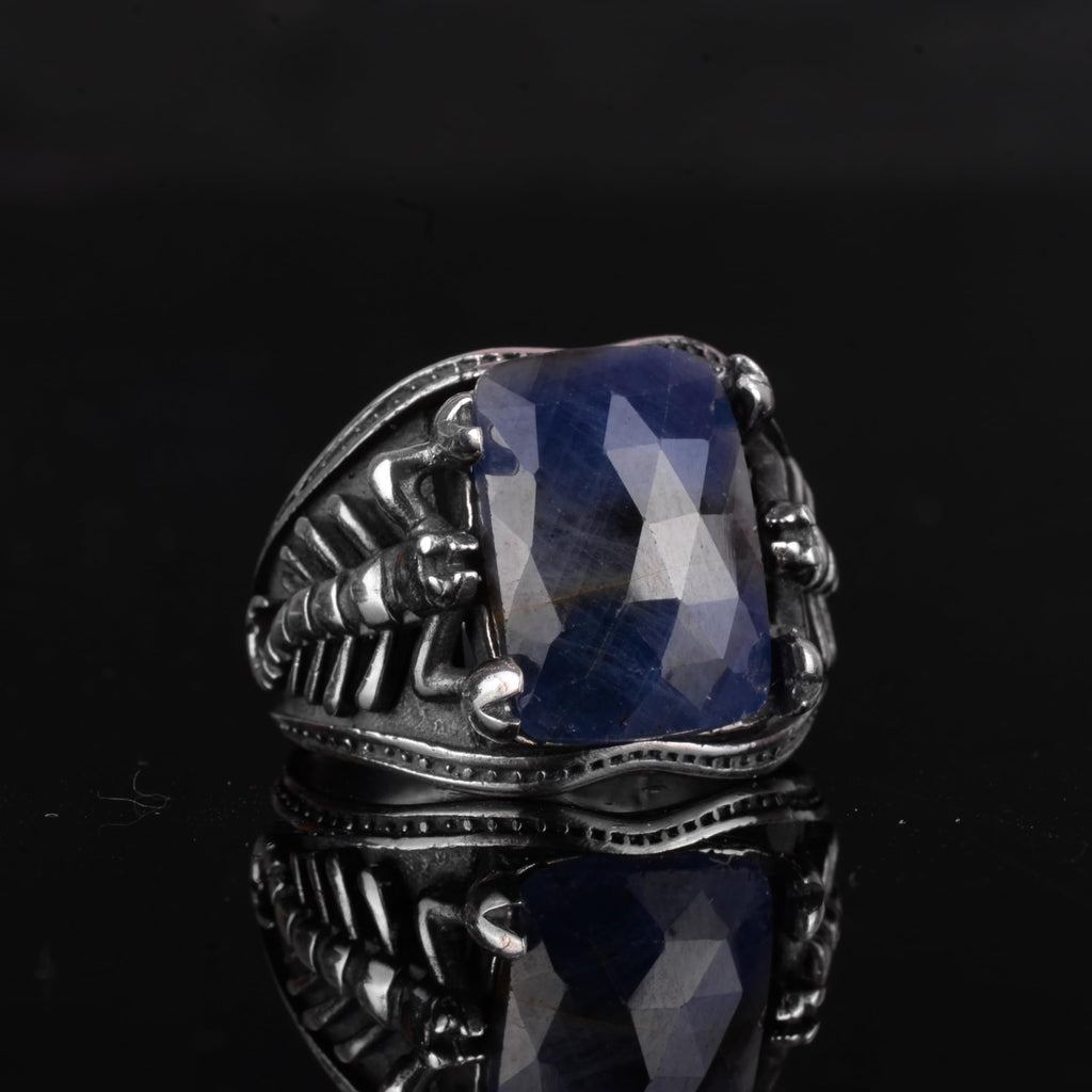 KAMBO 925 Sterling Silver Natural Sapphire Stone Men's Ring – Scorpion Design Handmade Statement Jewelry — 6