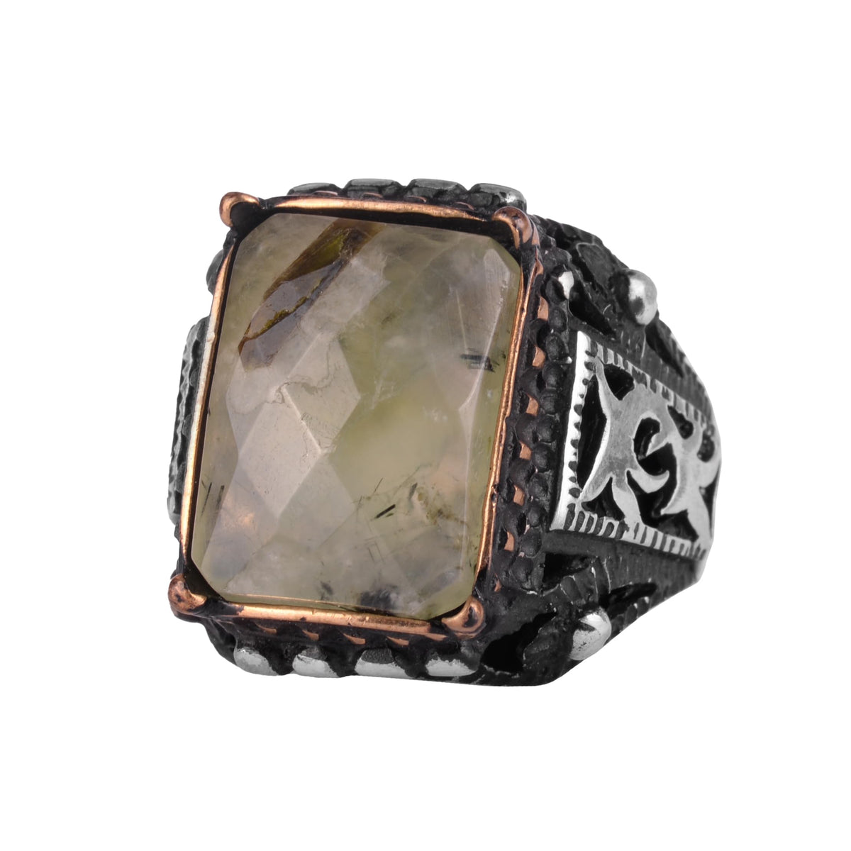 KAMBO Natural Prehnite Stone Men's Ring – Rectangular Stone 925 Sterling Silver Handmade Statement Ring