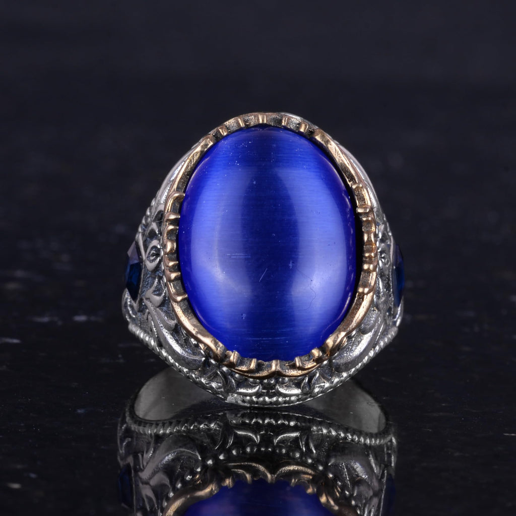 Artificial Stone Ring - Handcrafted Men's Ring - Stylish 925 Sterling Silver Men's Ring (Artificial Blue Cat's Eye) — 4