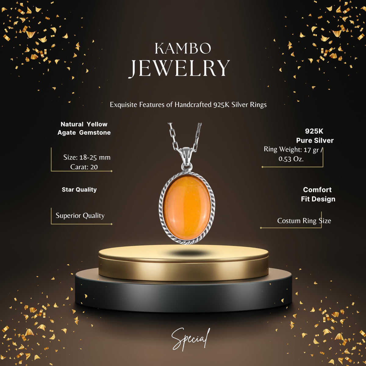 KAMBO Natural Stone Chain Unisex Necklace 925 Sterling Silver – Handmade Oval Description Necklace (Yellow Agate) — 2