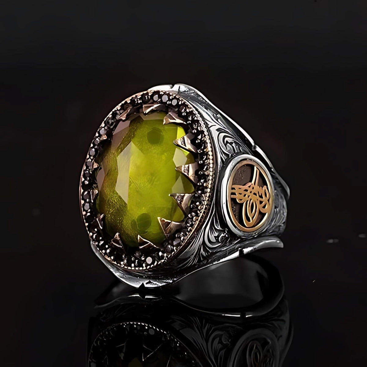 Ottoman Empire Ring - 925 Sterling Silver Men's Ring, Artificial Peridot Stone, Turkish Historical Jewelry (Customizable) — 3