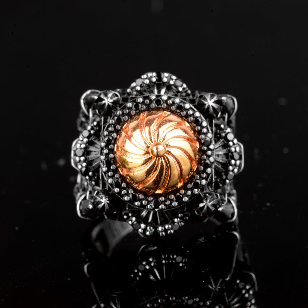 KAMBO Handmade 925 Sterling Silver Adjustable Men’s Ring with Onyx Stone, Vintage Islamic Mosque Embroidered 3D Motif, S