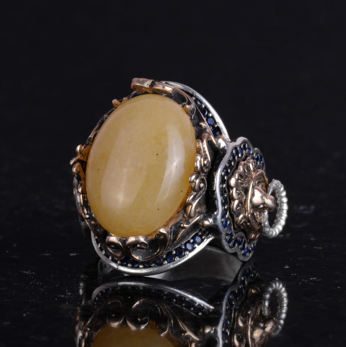 Lion Head Men's Ring, 925 Sterling Silver Ring, Natural Yellow Agate Stone Ring, Silver Men's Ring — 5