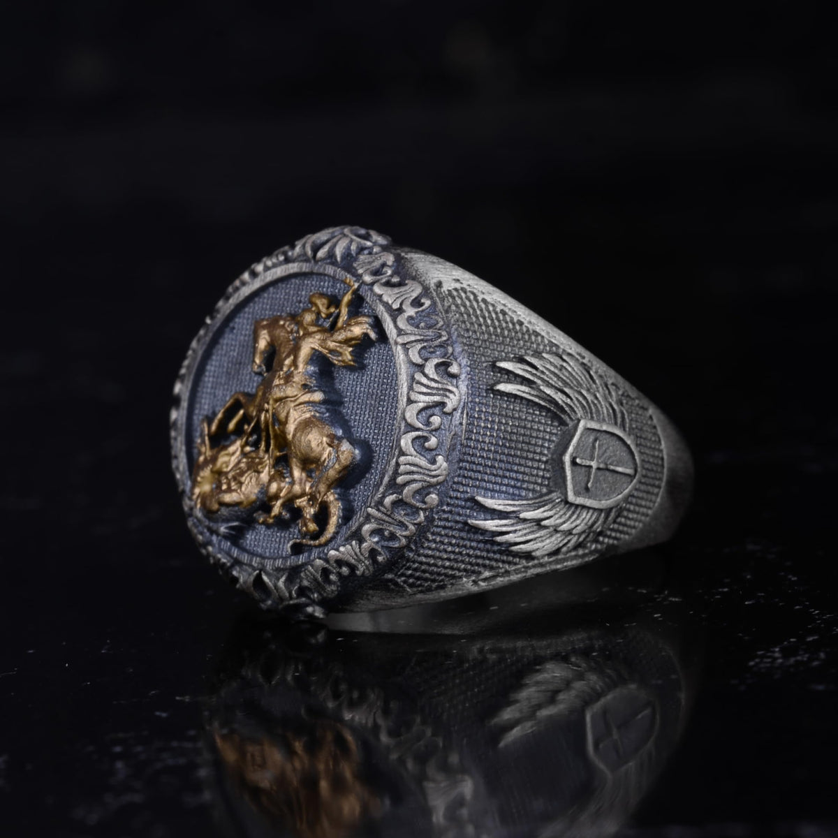 KAMBO 925 Sterling Silver St George and Dragon Men's Ring – Handmade Medieval Knight Seal Ring – Solid Silver Artisan Jewelry — 3