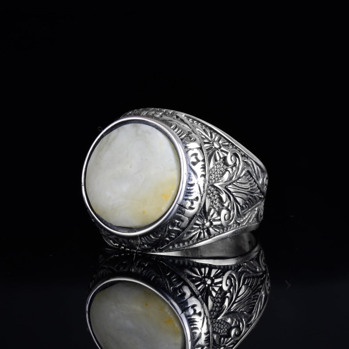 KAMBO Natural Amber Stone Ring – 925 Sterling Silver Handmade Men's Round Flower Engraved Statement Ring – Botanical Pattern Artisan Design — 5