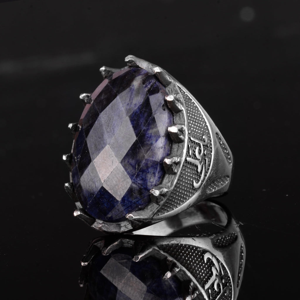 KAMBO Natural Stone Men's Large Ring – 925 Sterling Silver Ottoman Sword Motif Signet Ring (Sapphire) — 5