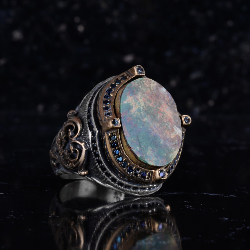 KAMBO Natural Green Turquoise Handmade Ring for Men 925 Sterling Silver Statement Ring Vintage Ottoman Style Thick Masculine Jewelry Gift — 6