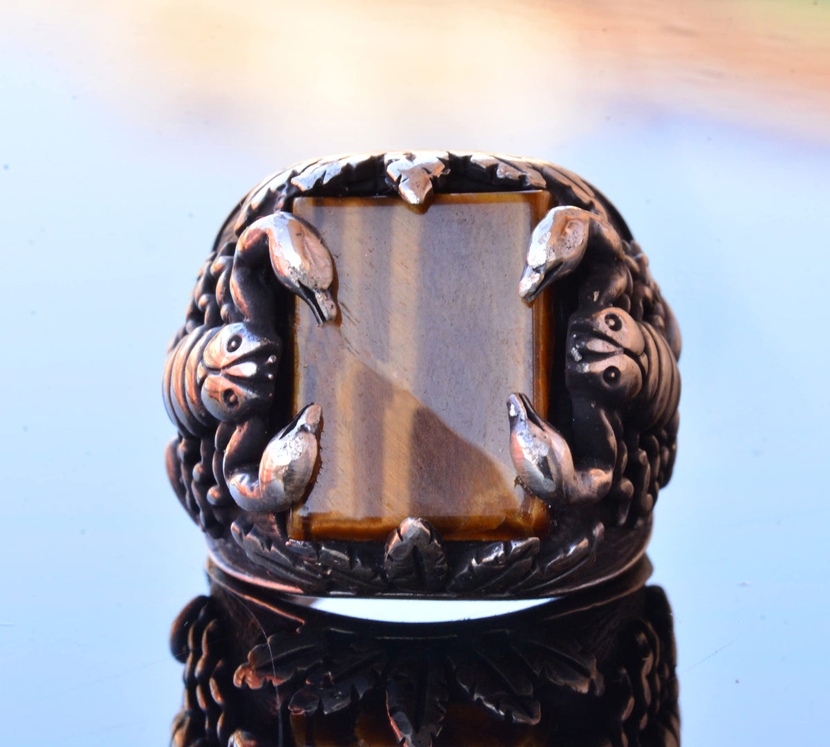 Handmade Silver Men's Ring | Natural Tiger's Eye Stone and Scorpion Design | Bold and Protective — 8