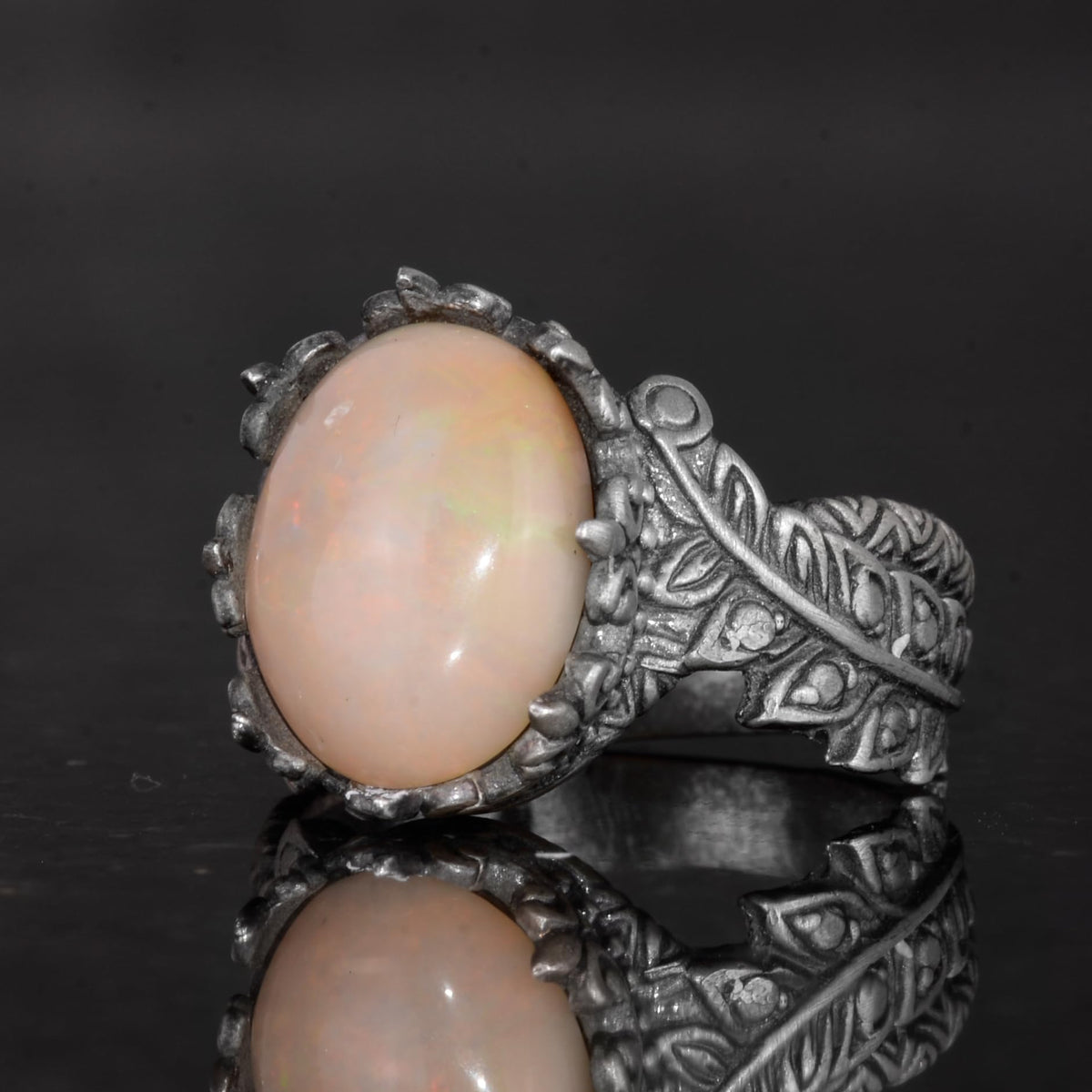 Handmade 925 Sterling Silver Men's Ring Natural Opal Stone - Leaf Pattern Ring — 6