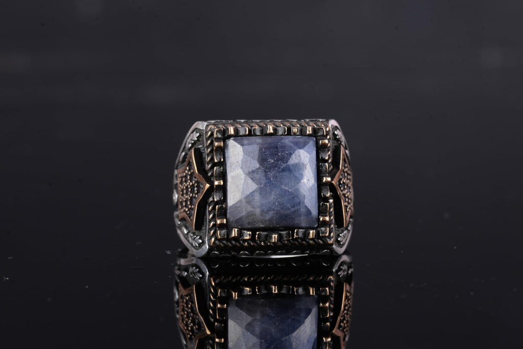 KAMBO Natural Stone Men's Ring – Star Motif Designed 925 Sterling Silver Square Cut Ring (Blue Sapphire) — 4