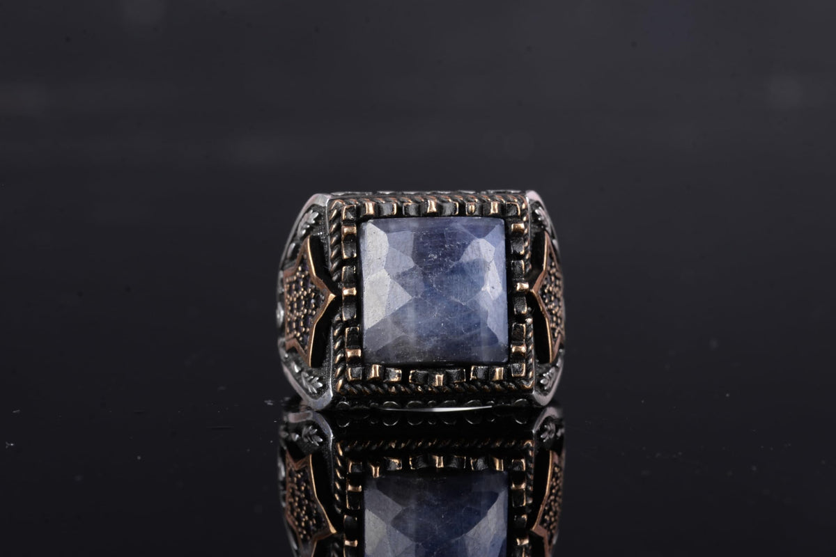 KAMBO Natural Stone Men's Ring – Star Motif Designed 925 Sterling Silver Square Cut Ring (Blue Sapphire) — 4