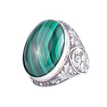 KAMBO Natural Stone Large Men's Ring - Oval Stone Vintage Floral Engraved Statement Ring - 925 Sterling Silver Handmade Men's Jewelry (Malachite)
