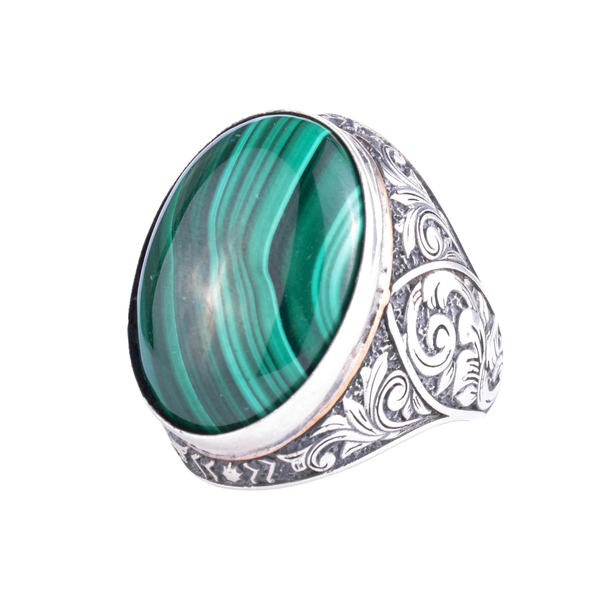 KAMBO Natural Stone Large Men's Ring - Oval Stone Vintage Floral Engraved Statement Ring - 925 Sterling Silver Handmade Men's Jewelry (Malachite)