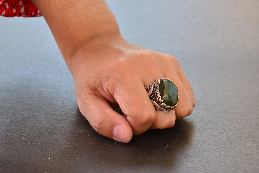 Natural Jade Stone Ring, 925 Sterling Silver Ring — 7