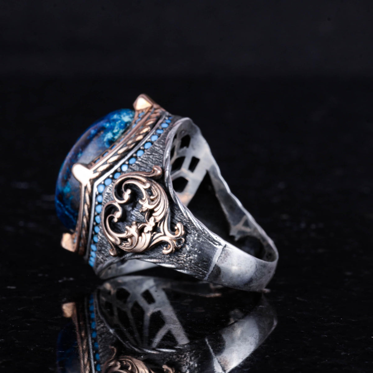 925 Sterling Silver Ring with Natural Azurite Stone, Handmade Men's Ring, Vintage Design — 7