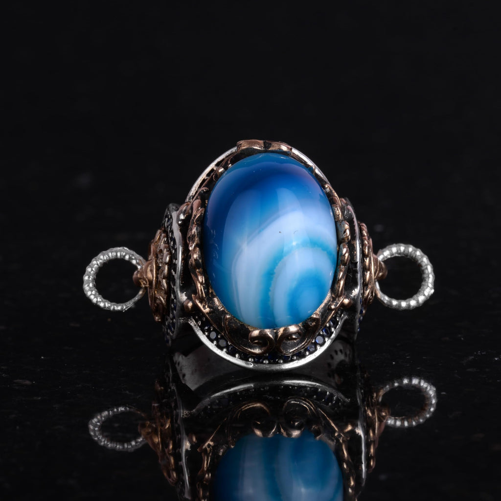 Natural Blue Agate Stone Ring, 925 Sterling Silver Ring, Lion Head Ring — 3
