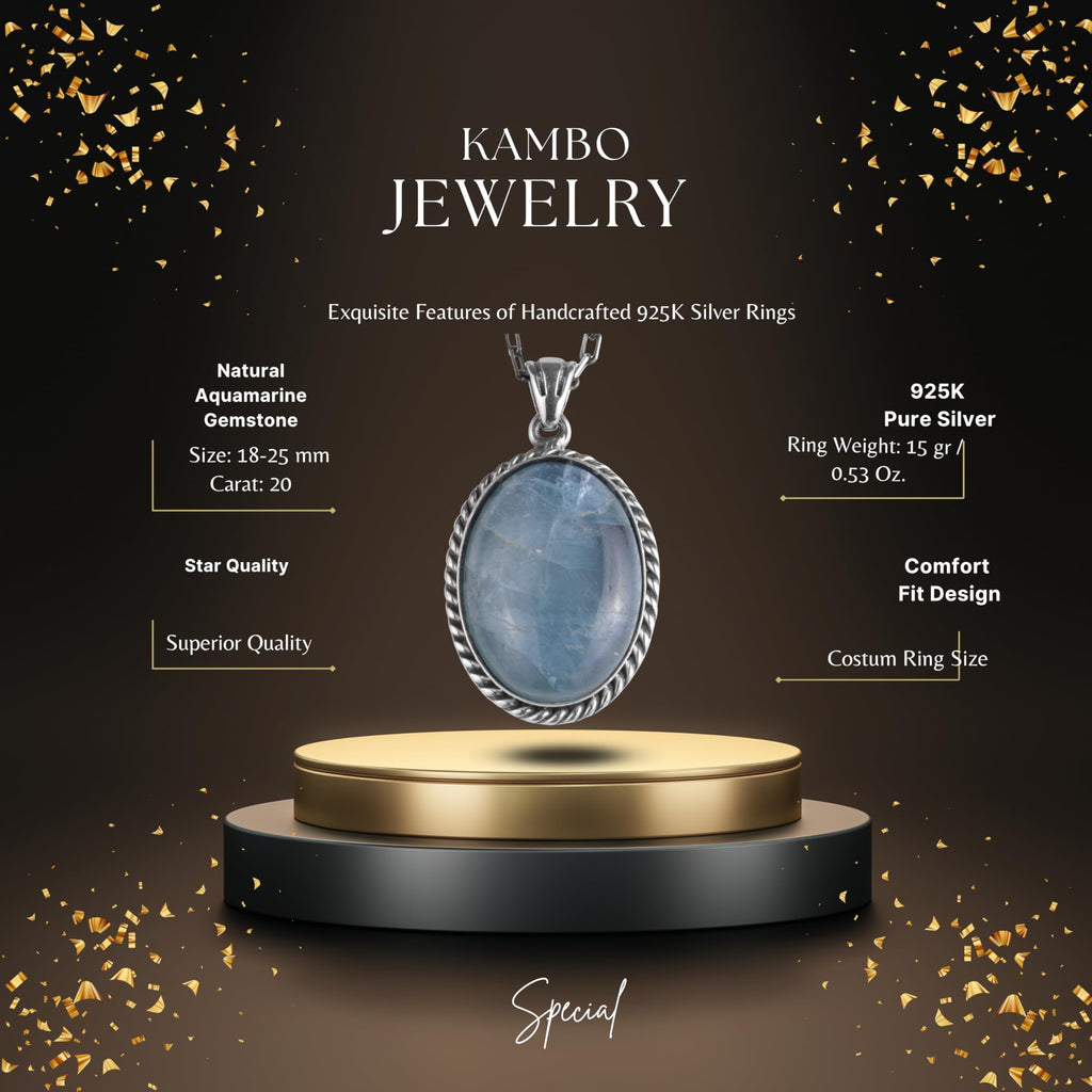 KAMBO Natural Stone Chain Unisex Necklace 925 Sterling Silver – Handmade Oval Description Necklace (Aquamarine) — 2