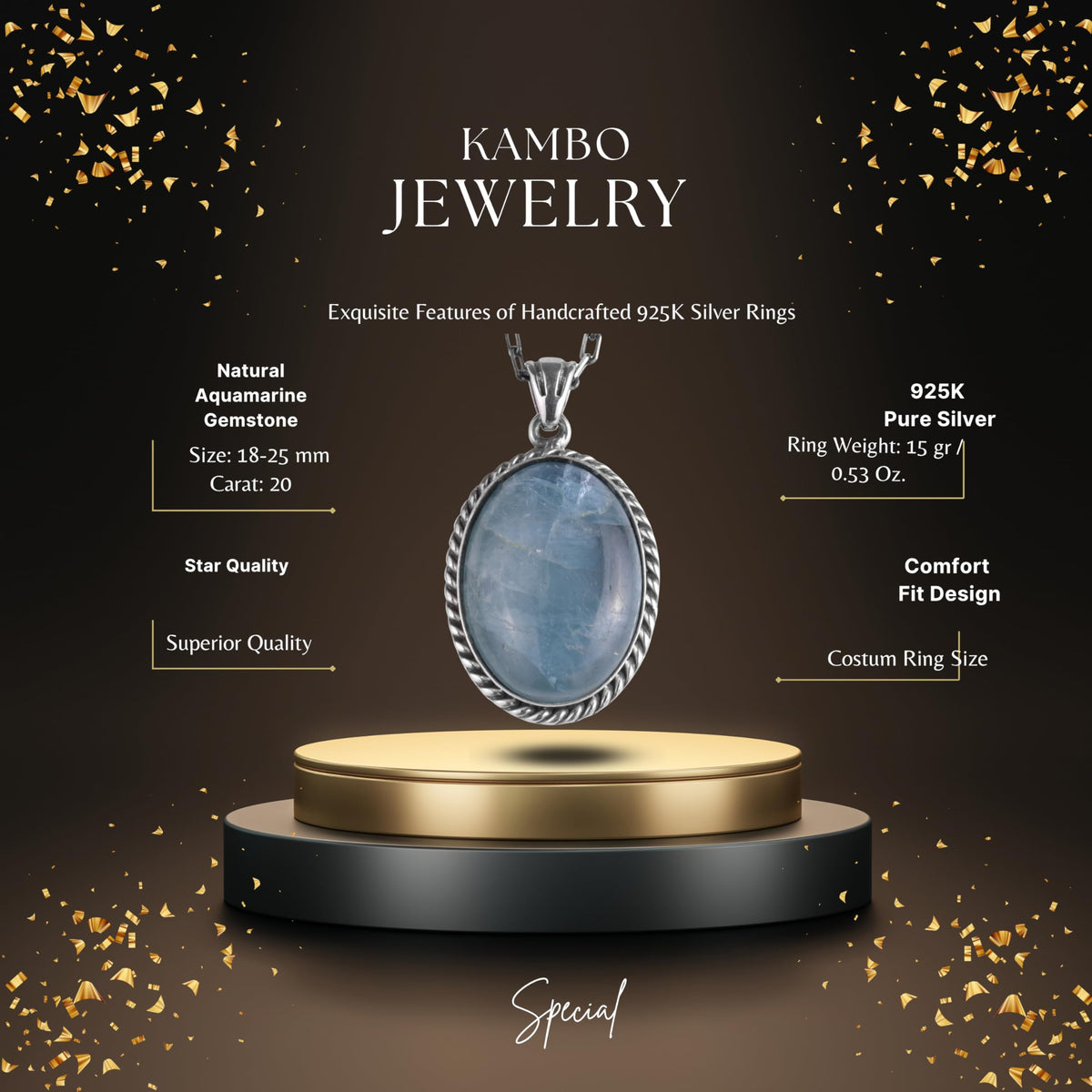 KAMBO Natural Stone Chain Unisex Necklace 925 Sterling Silver – Handmade Oval Description Necklace (Aquamarine) — 2