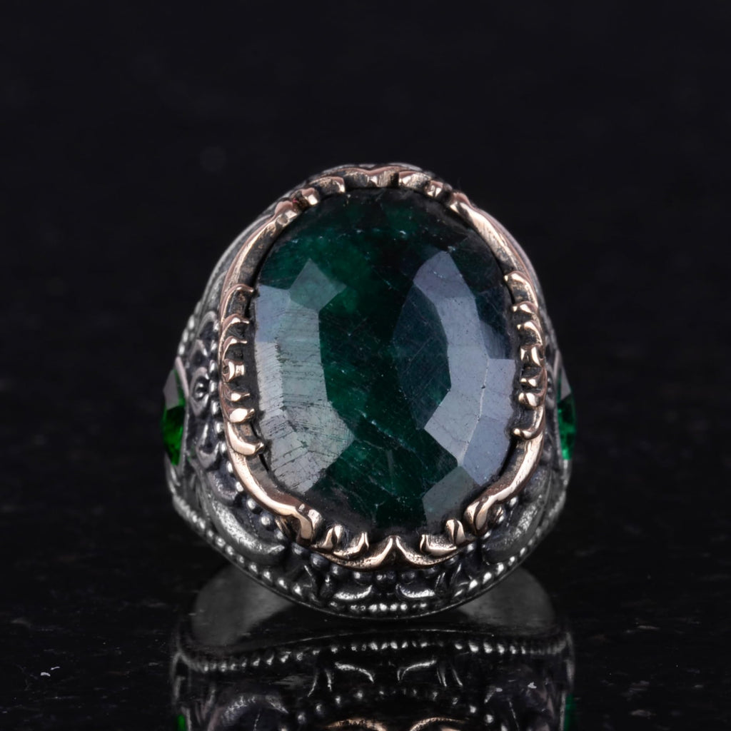 925 Sterling Silver Men's Ring, Natural Emerald Stone — 3