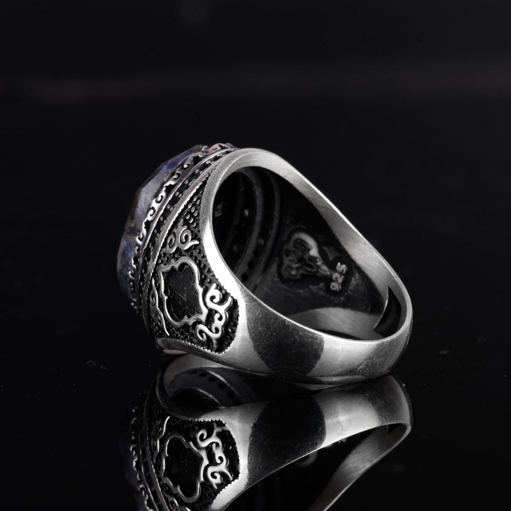 KAMBO Natural Sapphire Men's Ring – 925 Sterling Silver Oval Handmade Stone Statement Ring (Sapphire-2) — 7