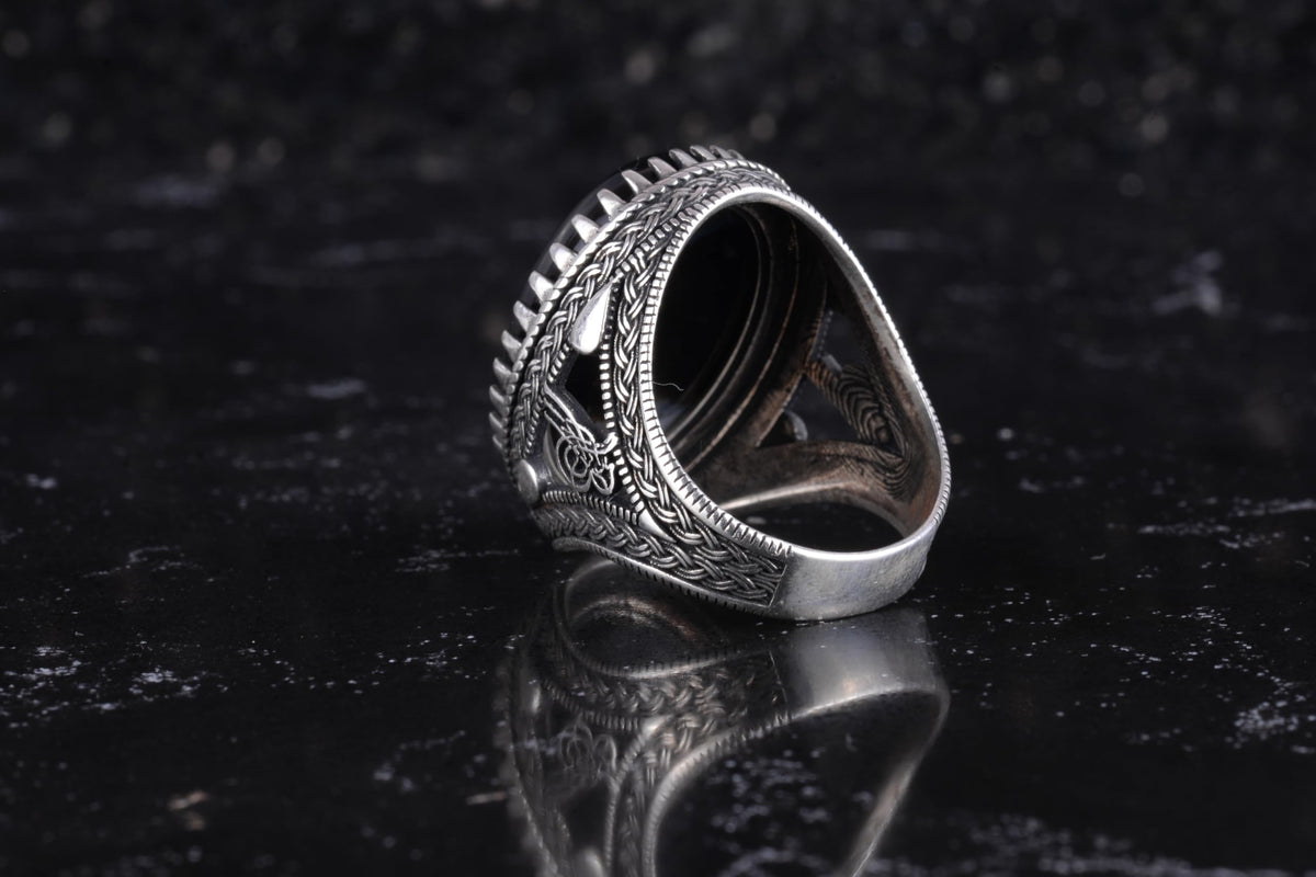 KAMBO Natural Yemen Agate Stone Men's Ring – 925 Sterling Silver Large Statement Ring – Handmade Ottoman Tugra Design Jewelry (Style-2) — 7