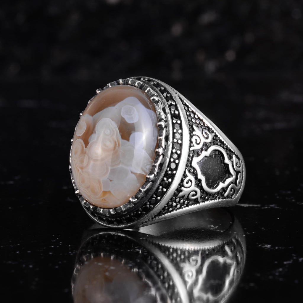 KAMBO Natural Agate Stone Men's Ring – Band Stone – 925 Sterling Silver Handmade Statement Ring – Vintage Ottoman Style Men's Jewelry (Agate-1) — 5