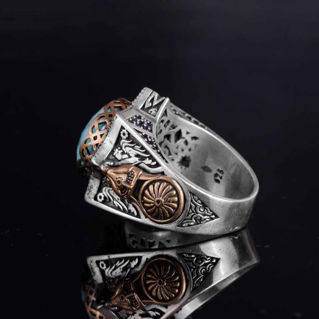 KAMBO 925 Sterling Silver Men's Natural Stone Ring – Warrior Helmet Motif Handmade Star Frame – Protective Spiritual Jewelry (Amazonite) — 7