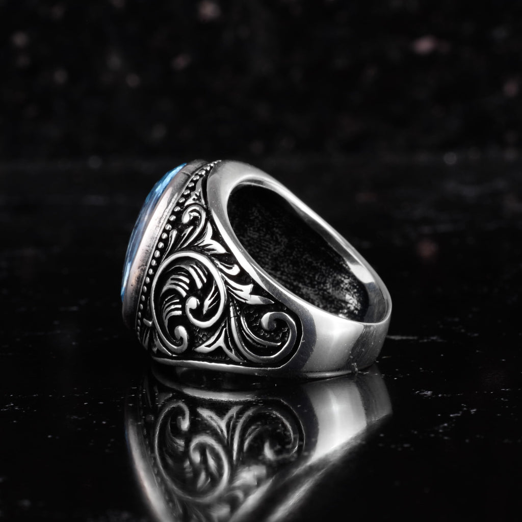 KAMBO Natural Swiss Blue Topaz Stone Ring 925 Sterling Silver Men's Ring Certified Oval Faceted Stone Handmade Vintage Design — 8