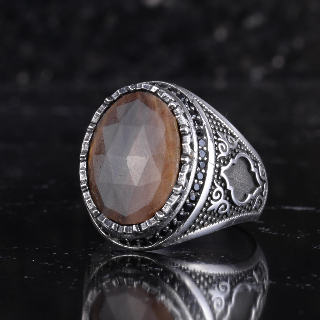 Natural Sapphire Stone Men's Ring 925 Sterling Silver Tooth Frame Black Stone Halo Handmade Statement Ring (Brown Sapphire-2) — 5